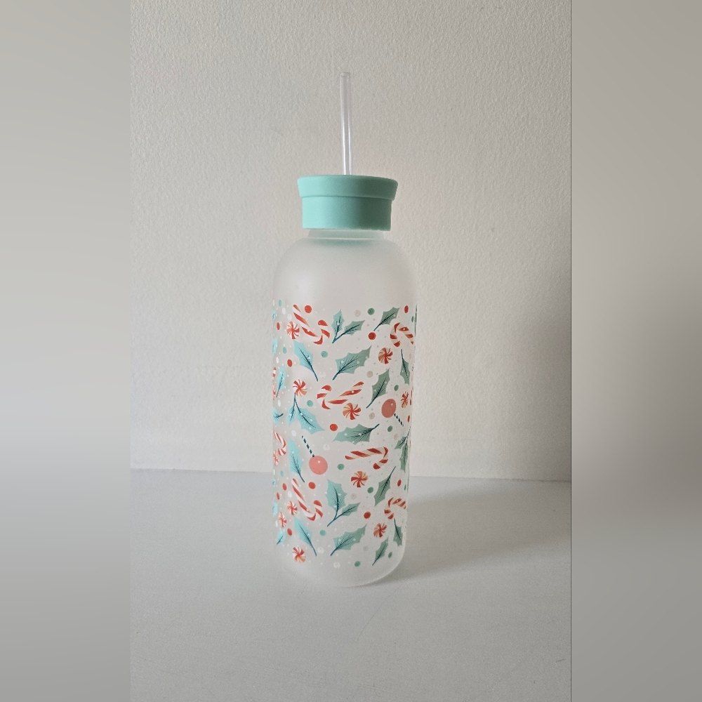 Holiday Candy Cane Holly Glass Water Bottle Mint Lid Reusable Straw